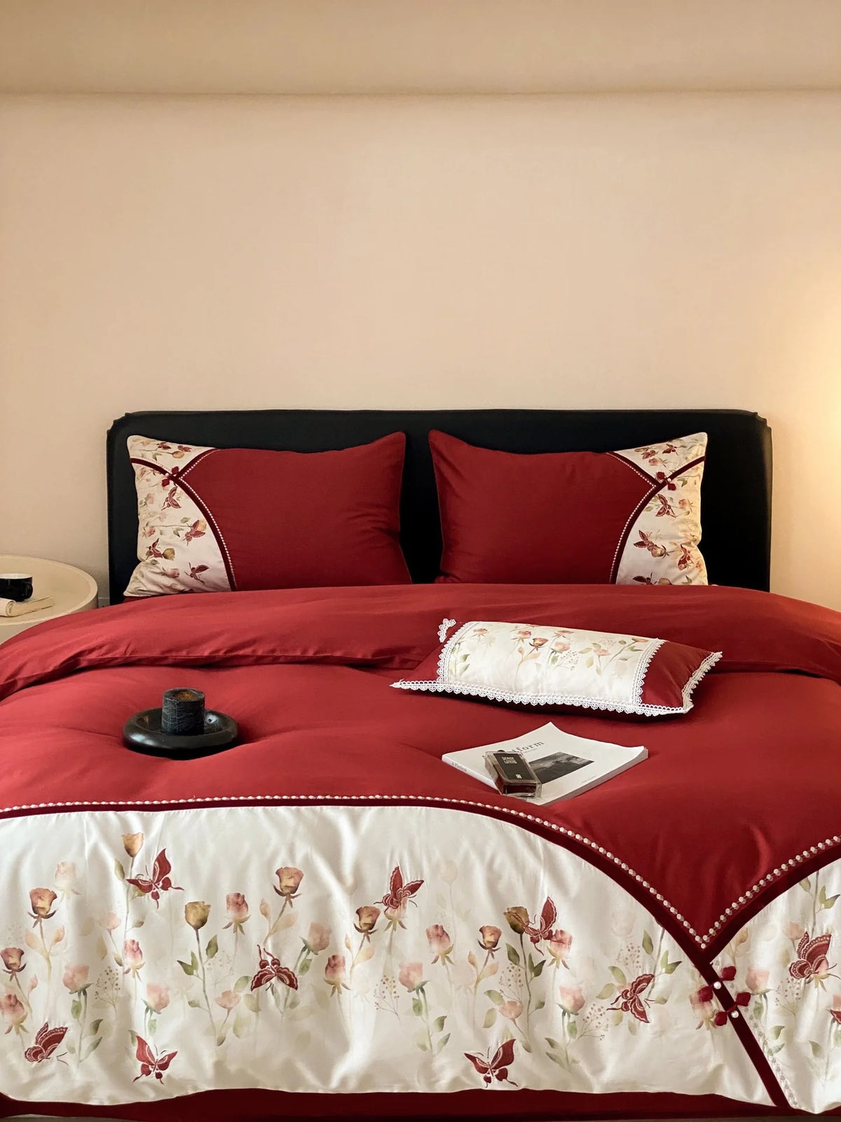 Duvet Cover Set Cotton Satin Floral Embroidery & Lace Trim