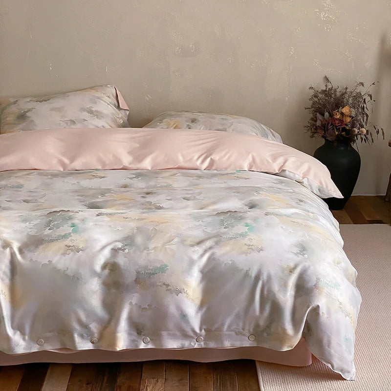 Duvet Cover Set Cotton Satin Floral Jacquard Button Closure