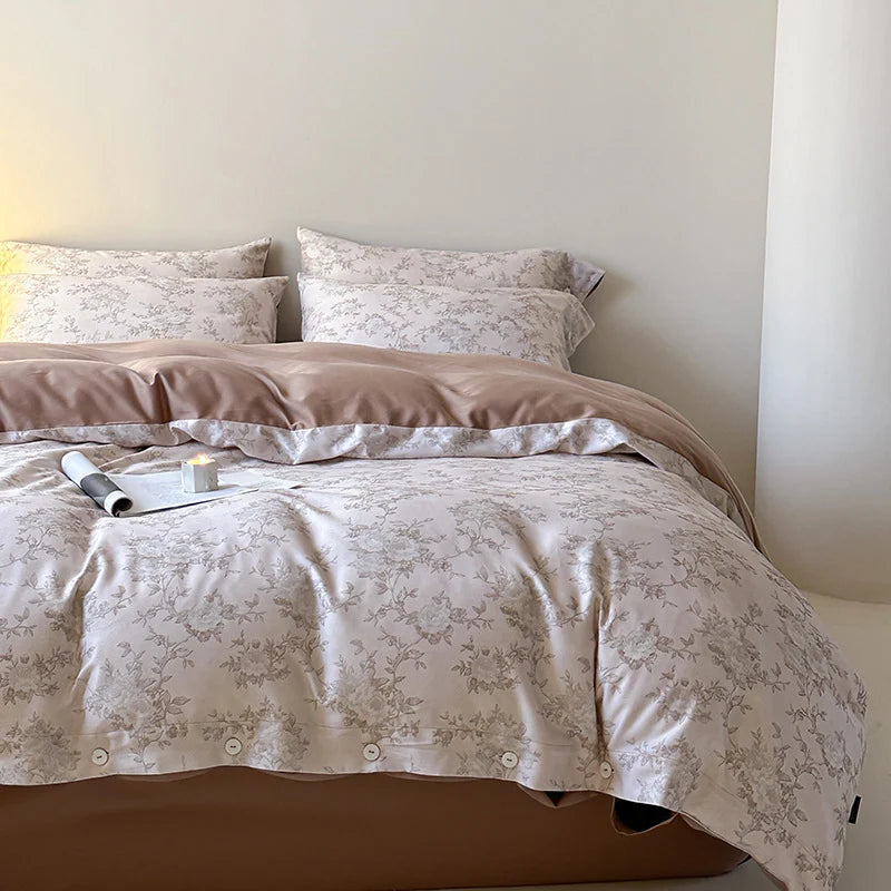Duvet Cover Set Cotton Satin Floral Jacquard Button Closure