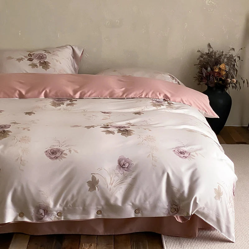 Duvet Cover Set Cotton Satin Floral Jacquard Button Closure