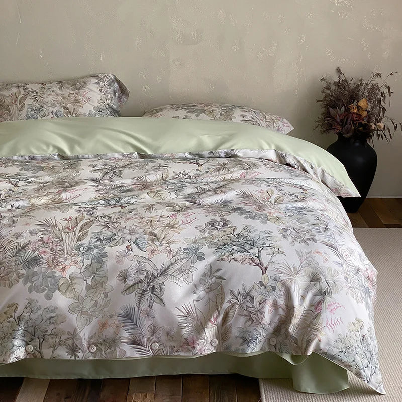 Duvet Cover Set Cotton Satin Floral Jacquard Button Closure