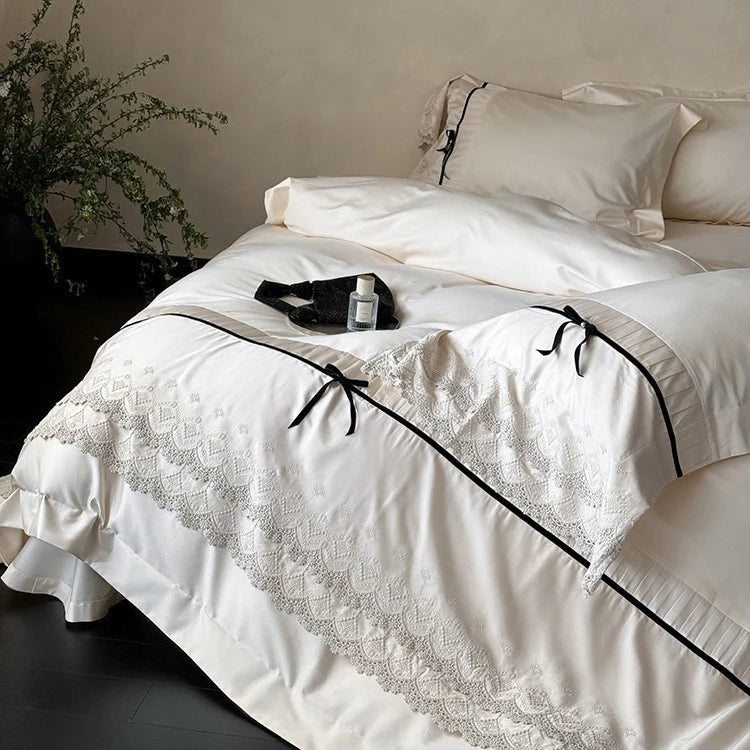 Duvet Cover Set Cotton Satin Lace Trim Hotel Closure