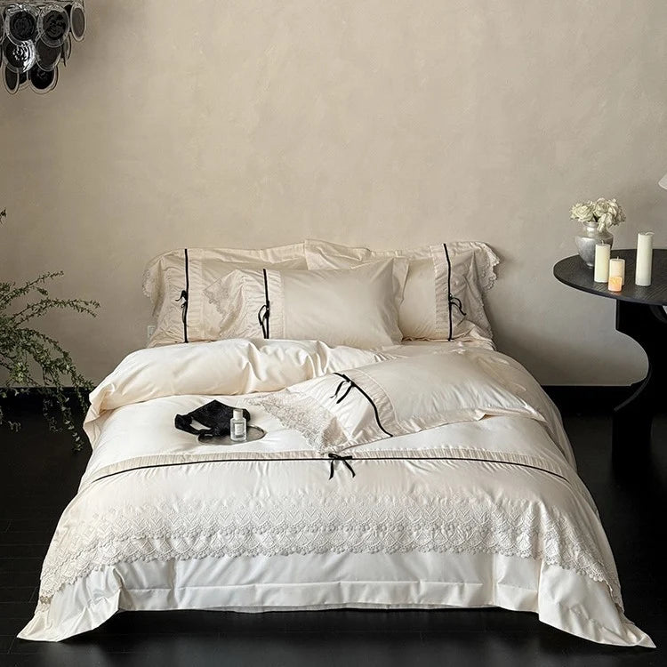 Duvet Cover Set Cotton Satin Lace Trim Hotel Closure