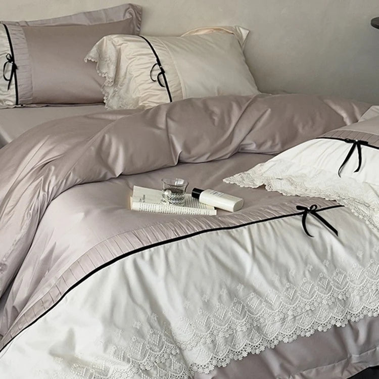 Duvet Cover Set Cotton Satin Lace Trim Hotel Closure