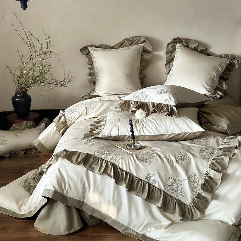 Duvet Cover Set Cotton Satin Rose Embroidery