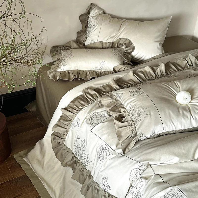 Duvet Cover Set Cotton Satin Rose Embroidery