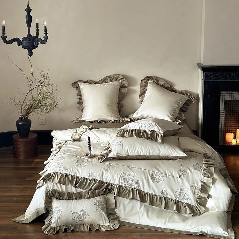 Duvet Cover Set Cotton Satin Rose Embroidery