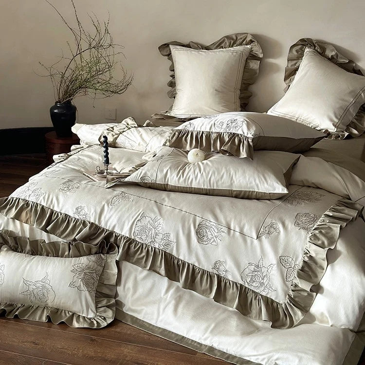 Duvet Cover Set Cotton Satin Rose Embroidery