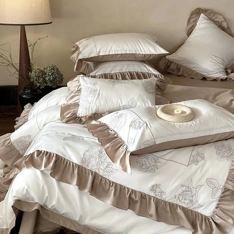 Duvet Cover Set Cotton Satin Rose Embroidery