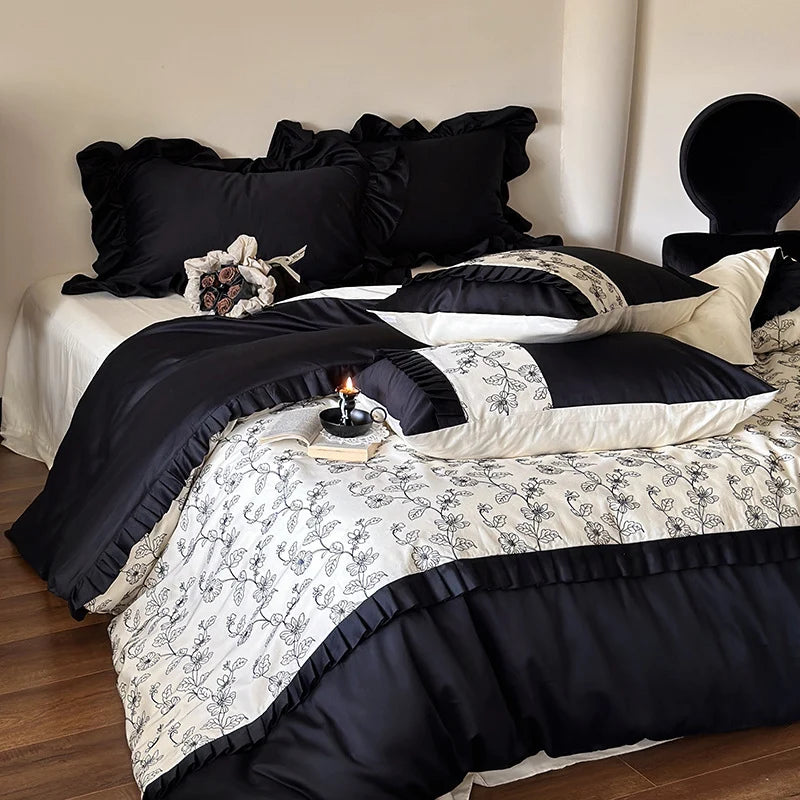 Duvet Cover Set Cotton Satin Ruffle & Floral Embroidery