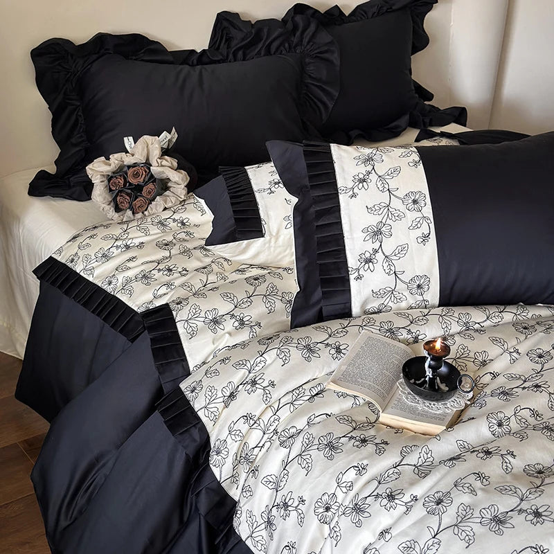 Duvet Cover Set Cotton Satin Ruffle & Floral Embroidery
