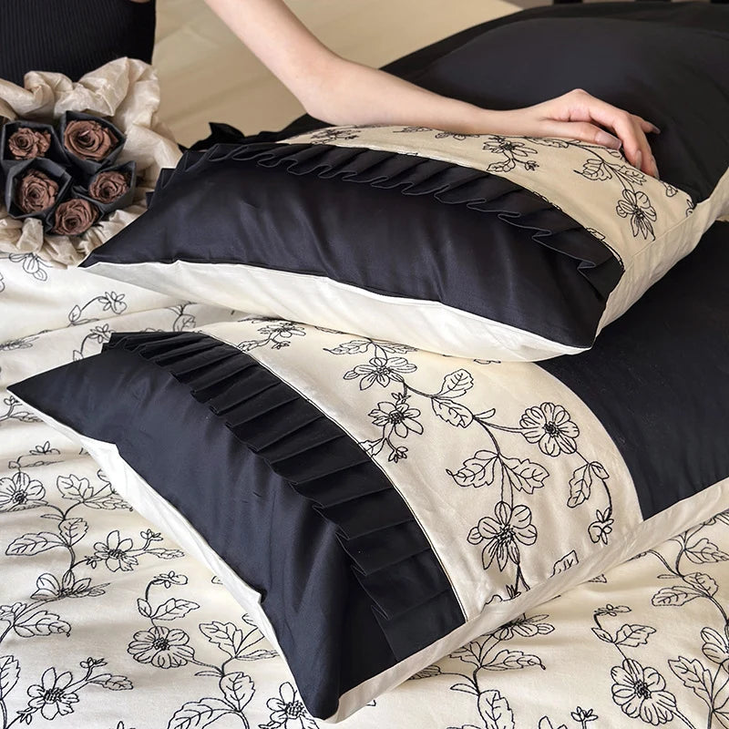 Duvet Cover Set Cotton Satin Ruffle & Floral Embroidery