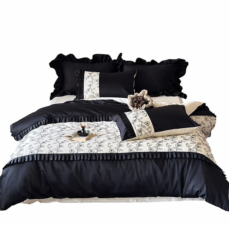 Duvet Cover Set Cotton Satin Ruffle & Floral Embroidery