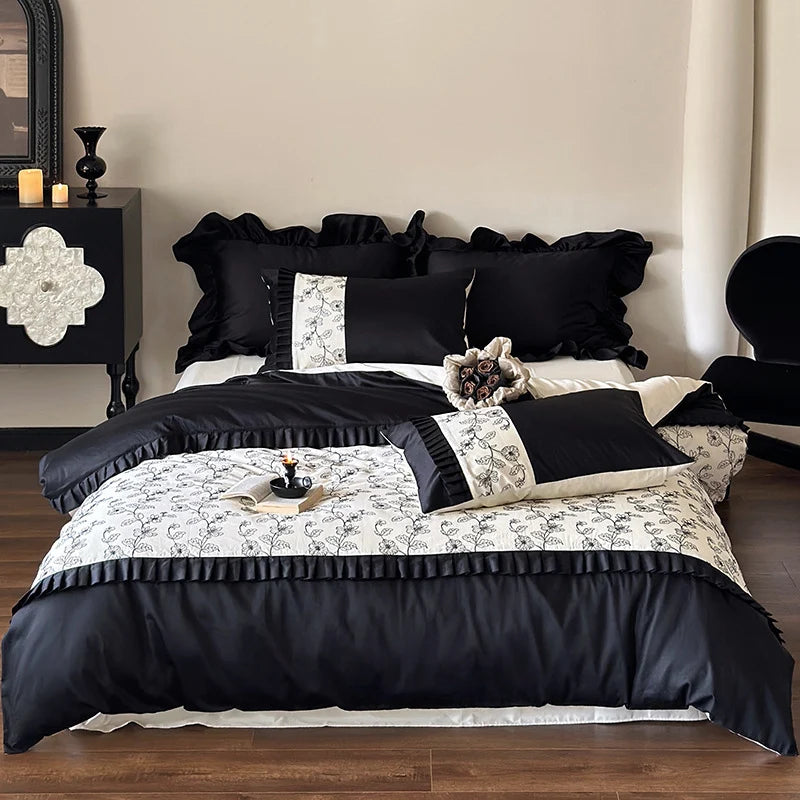 Duvet Cover Set Cotton Satin Ruffle & Floral Embroidery