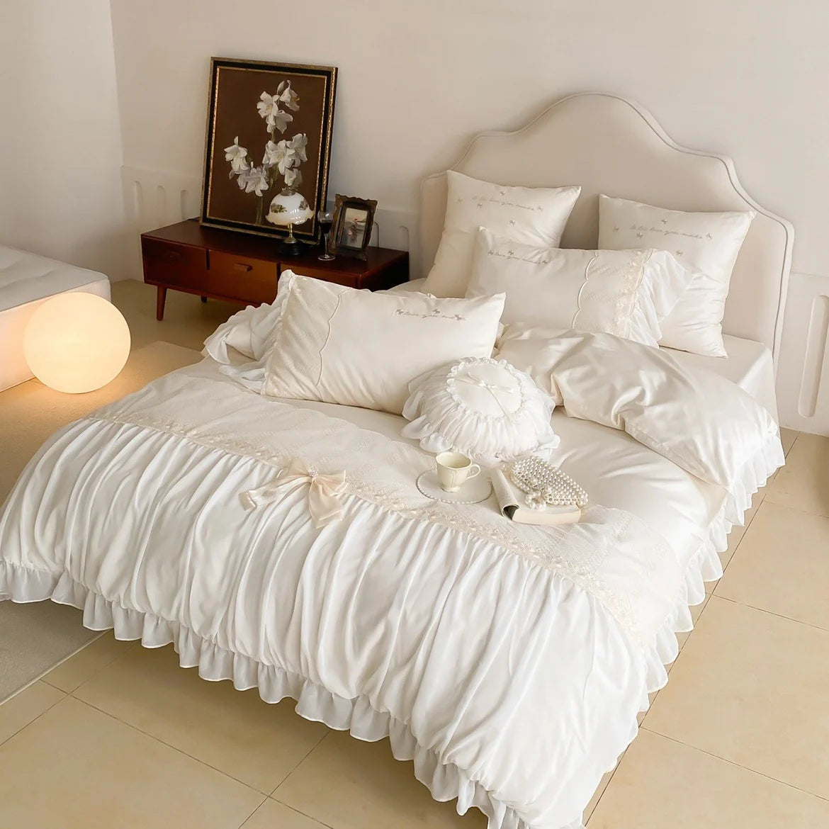 Duvet Cover Set Cotton-Satin Ruffled Frill & Bow