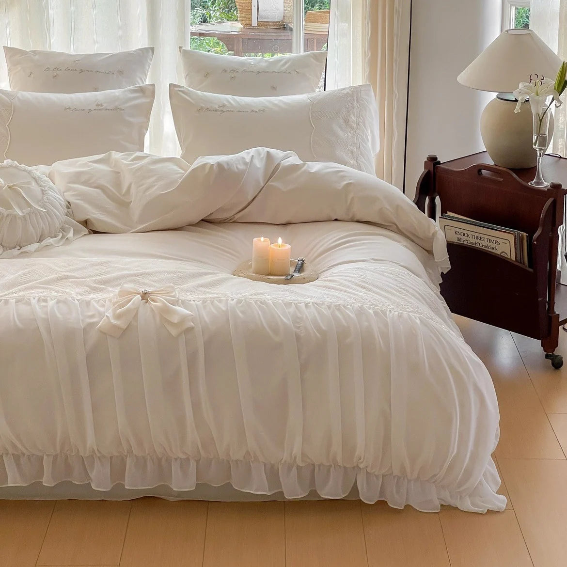 Duvet Cover Set Cotton-Satin Ruffled Frill & Bow