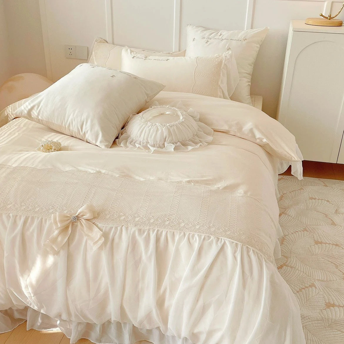 Duvet Cover Set Cotton-Satin Ruffled Frill & Bow