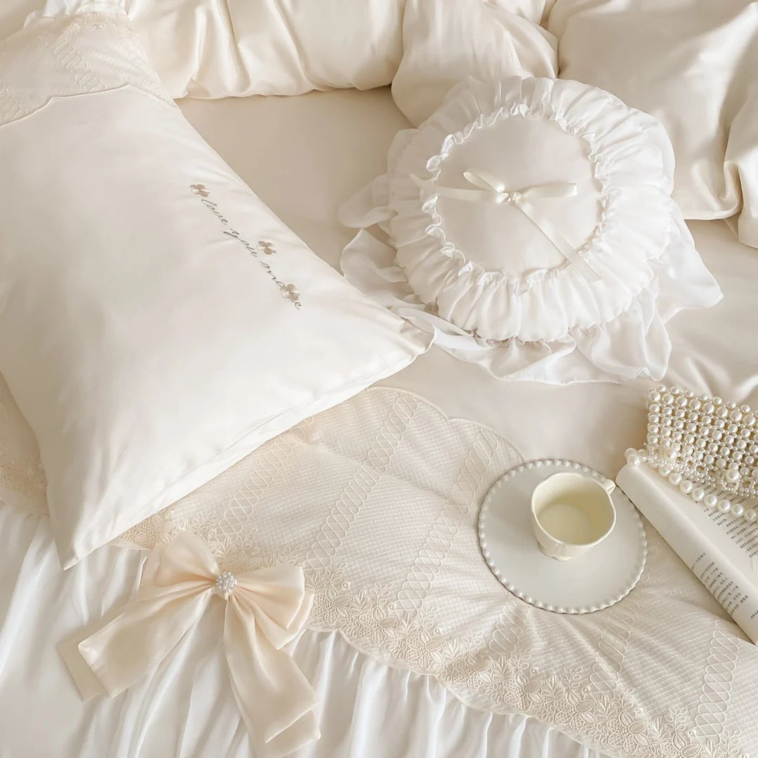 Duvet Cover Set Cotton-Satin Ruffled Frill & Bow