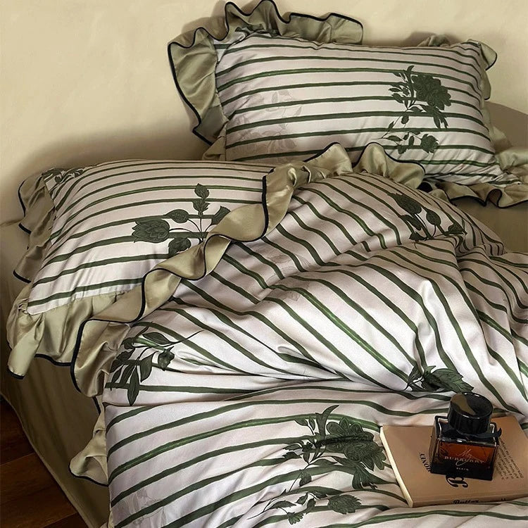 Duvet Cover Set Cotton Satin Ruffled Striped & Floral Jacquard