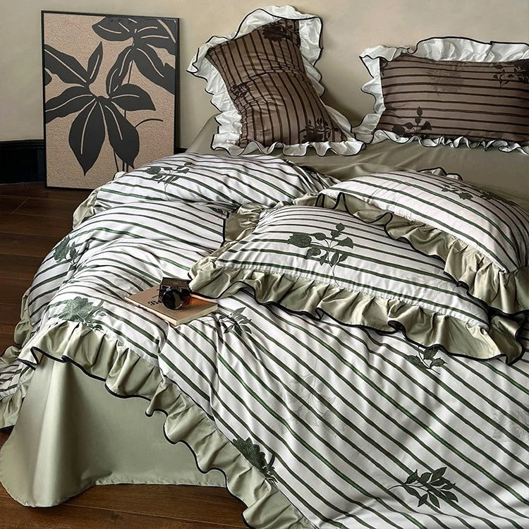 Duvet Cover Set Cotton Satin Ruffled Striped & Floral Jacquard