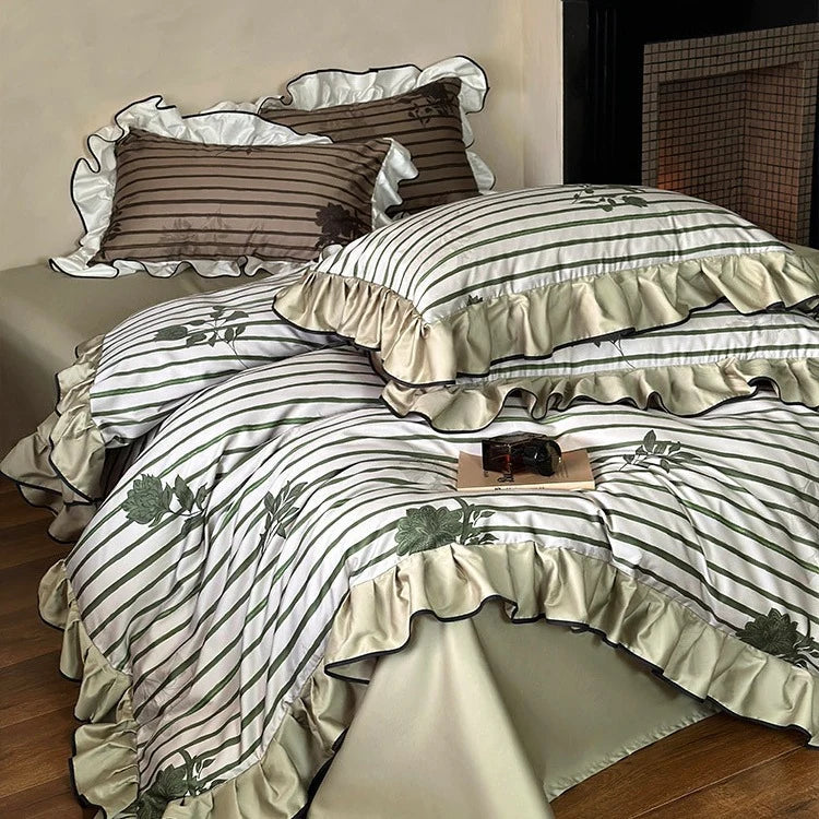 Duvet Cover Set Cotton Satin Ruffled Striped & Floral Jacquard