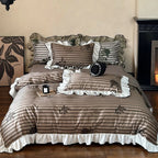 Duvet Cover Set Cotton Satin Ruffled Striped & Floral Jacquard