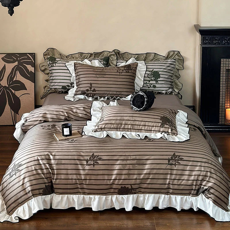 Duvet Cover Set Cotton Satin Ruffled Striped & Floral Jacquard