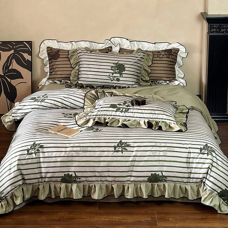 Duvet Cover Set Cotton Satin Ruffled Striped & Floral Jacquard