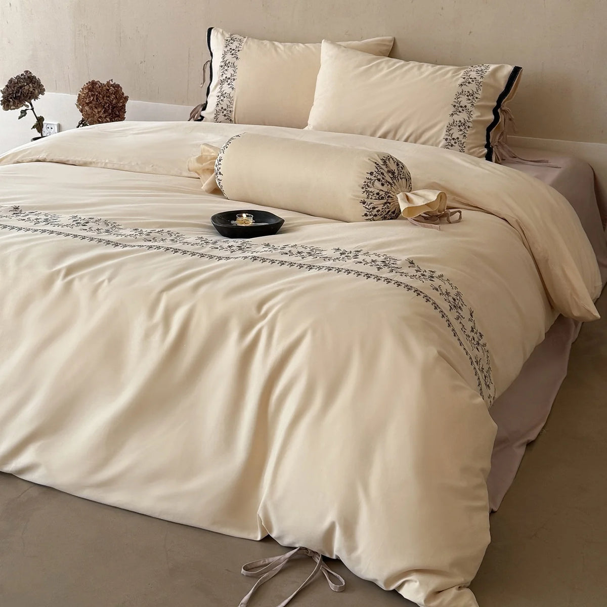 Duvet Cover Set Embroidered Border Cotton Blend Secure Ties