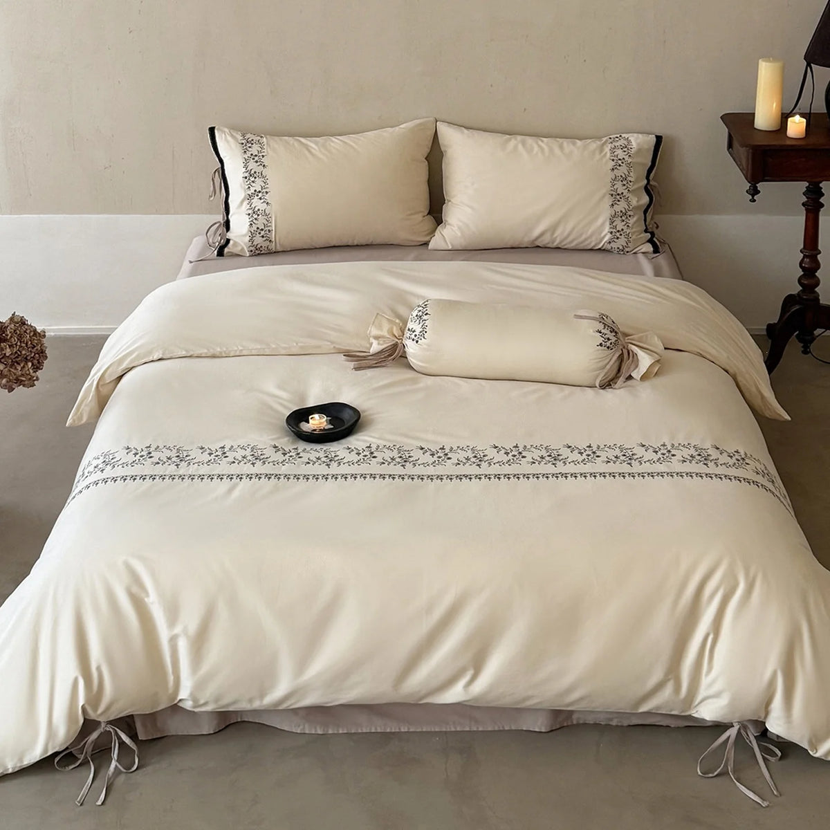 Duvet Cover Set Embroidered Border Cotton Blend Secure Ties