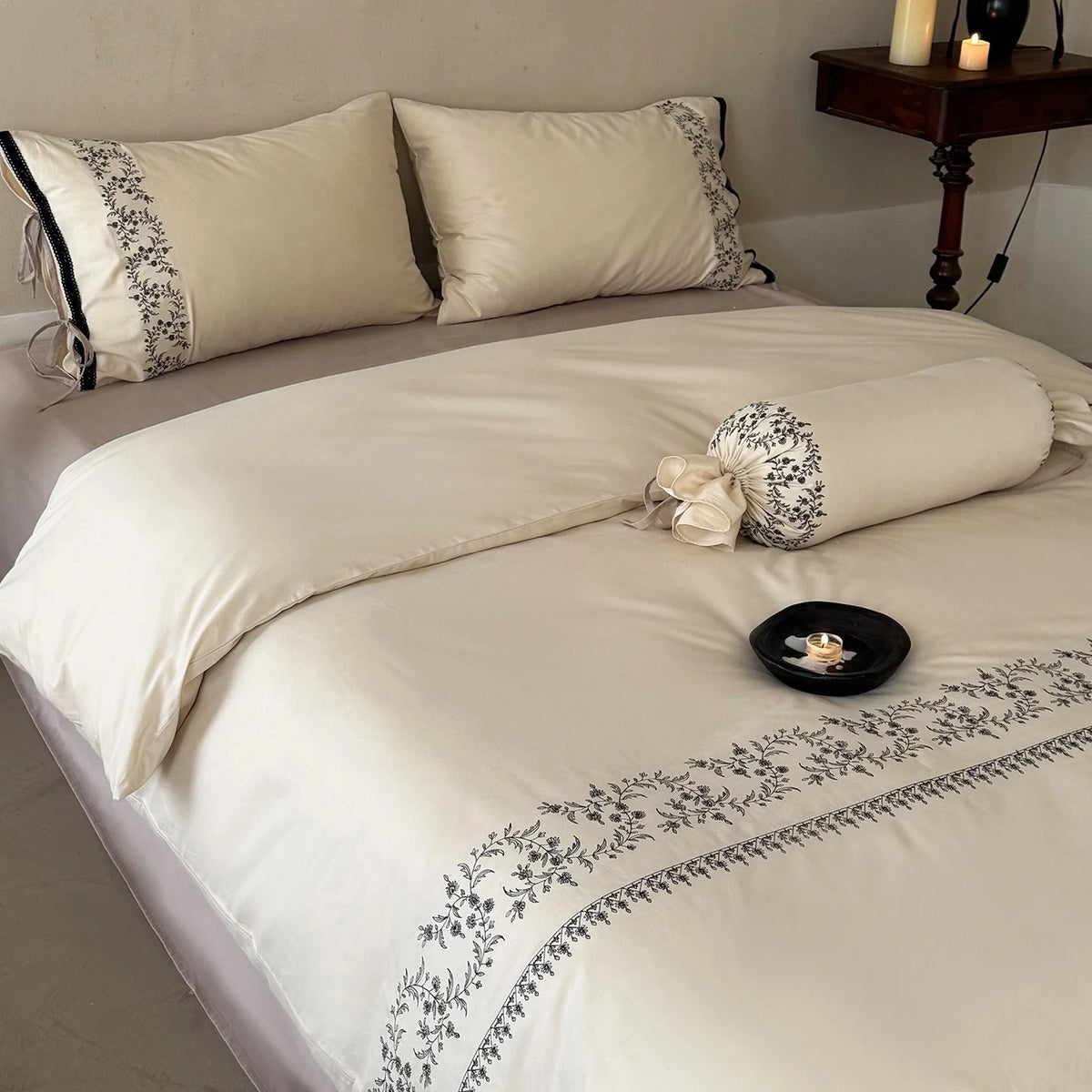 Duvet Cover Set Embroidered Border Cotton Blend Secure Ties