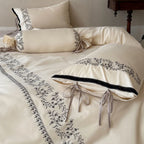 Duvet Cover Set Embroidered Border Cotton Blend Secure Ties