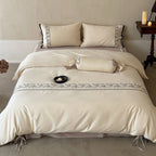 Duvet Cover Set Embroidered Border Cotton Blend Secure Ties