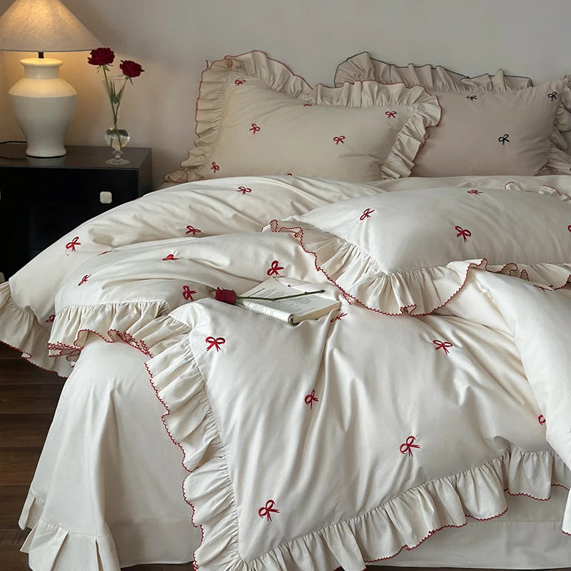 Duvet Cover Set Embroidered Bows & Ruffled Trim