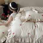 Duvet Cover Set Embroidered Bows & Ruffled Trim