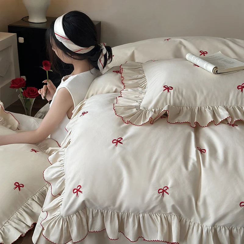 Duvet Cover Set Embroidered Bows & Ruffled Trim