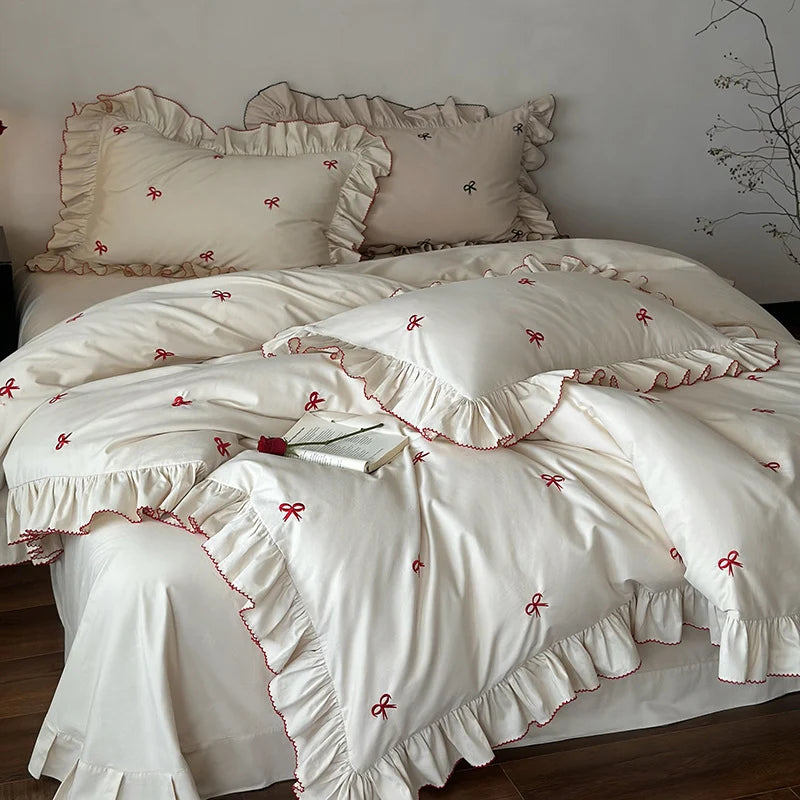 Duvet Cover Set Embroidered Bows & Ruffled Trim