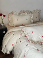 Duvet Cover Set Embroidered Bows & Ruffled Trim