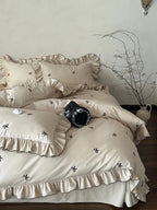 Duvet Cover Set Embroidered Bows & Ruffled Trim