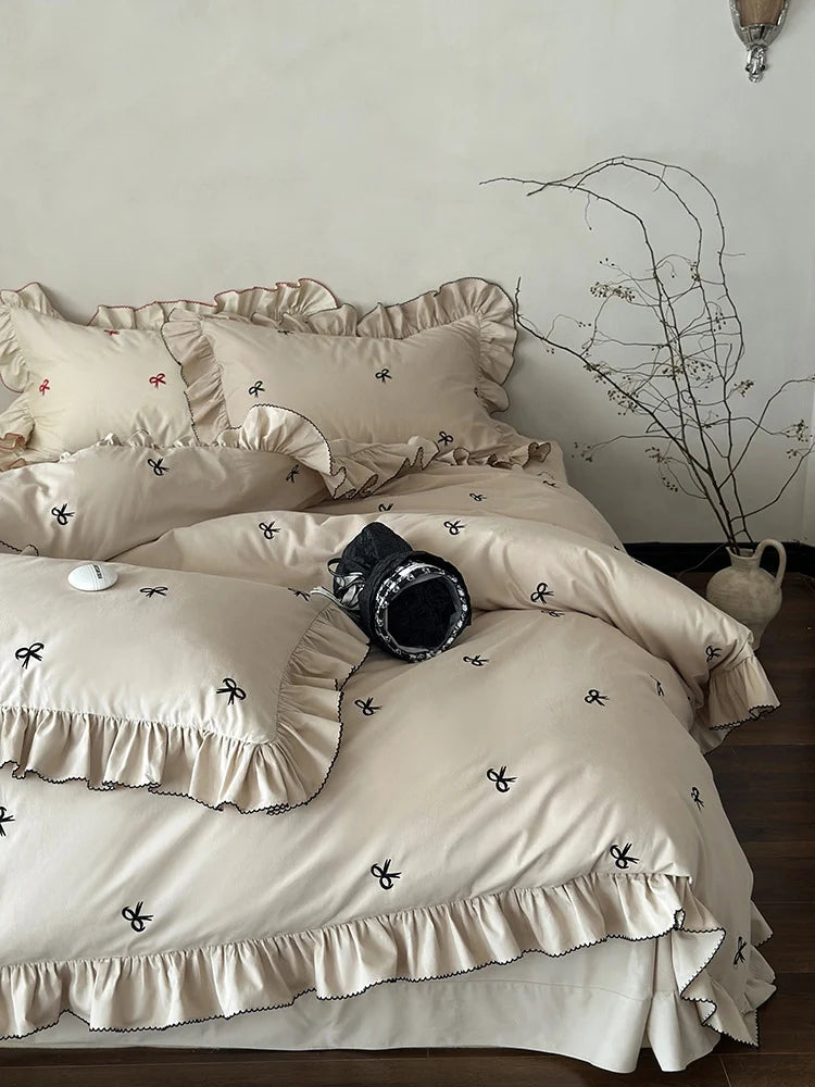 Duvet Cover Set Embroidered Bows & Ruffled Trim