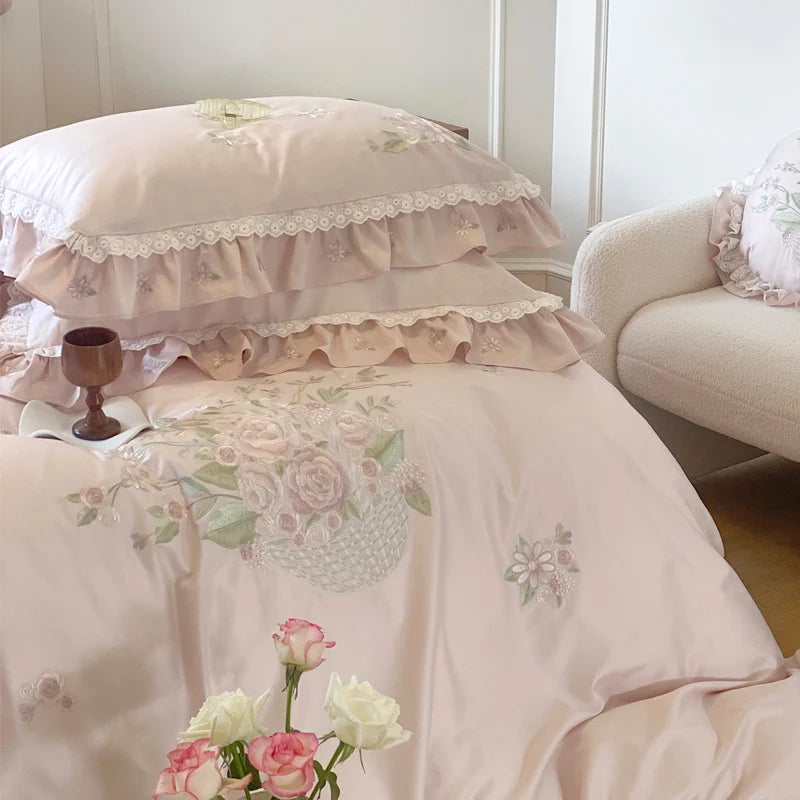 Duvet Cover Set Embroidered Floral Lace & Ruffles