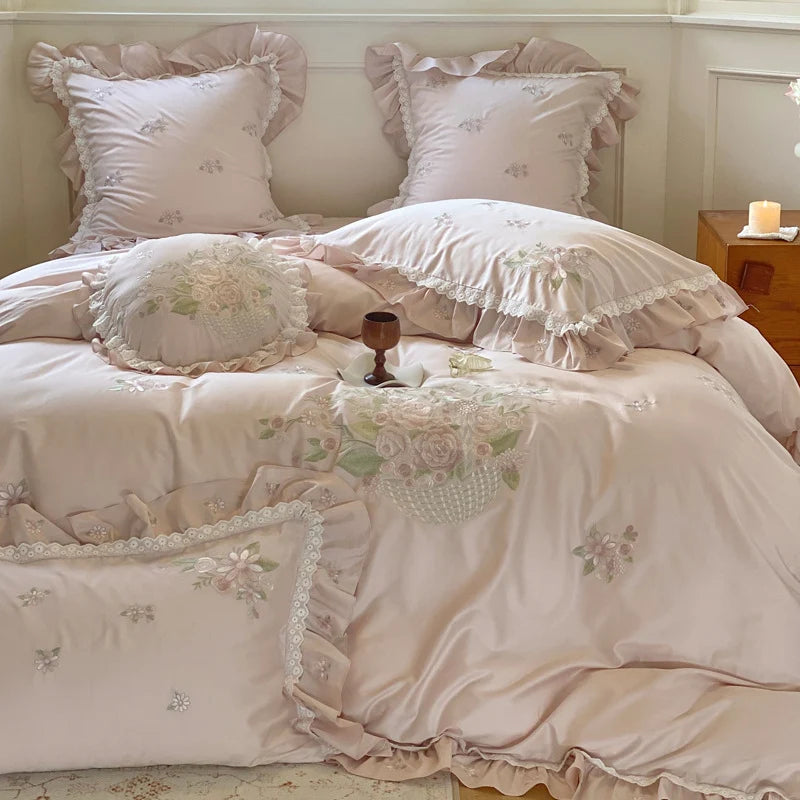 Duvet Cover Set Embroidered Floral Lace & Ruffles