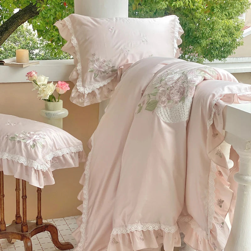 Duvet Cover Set Embroidered Floral Lace & Ruffles