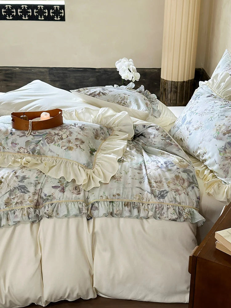 Duvet Cover Set Floral Ruffled Satin-Feel Microfiber Machine Washable