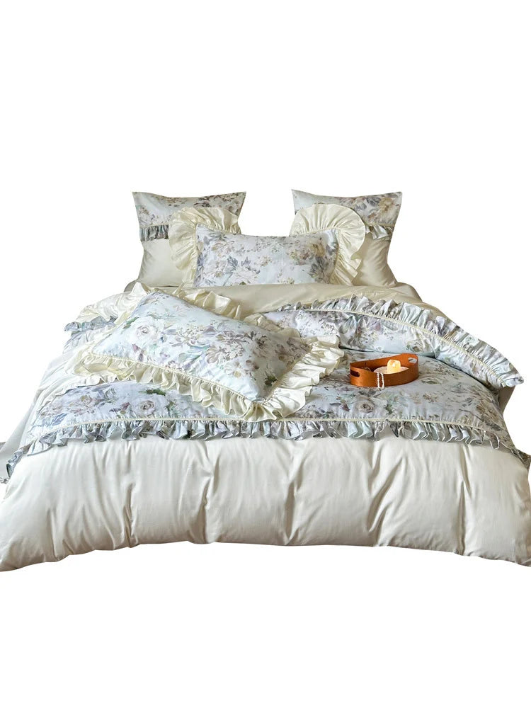 Duvet Cover Set Floral Ruffled Satin-Feel Microfiber Machine Washable