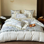 Duvet Cover Set Floral Ruffled Satin-Feel Microfiber Machine Washable