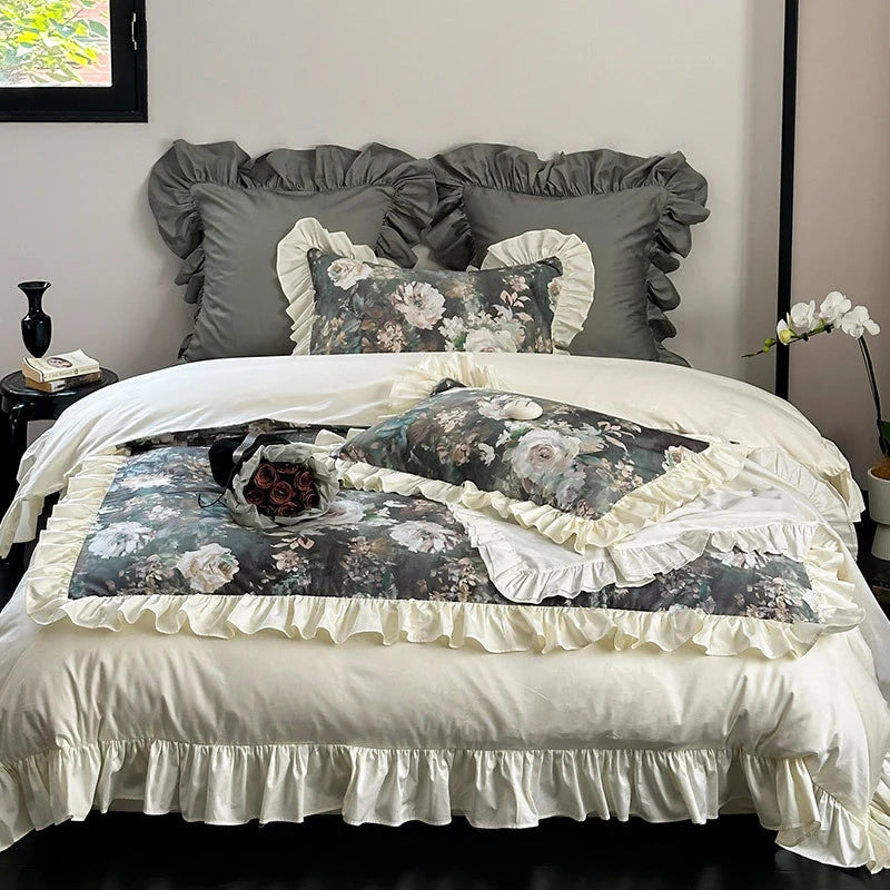 Duvet Cover Set Floral Ruffled Satin-Feel Microfiber Machine Washable