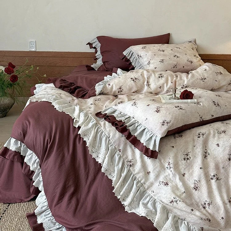 Duvet Cover Set Floral Ruffles Lace Cotton Blend