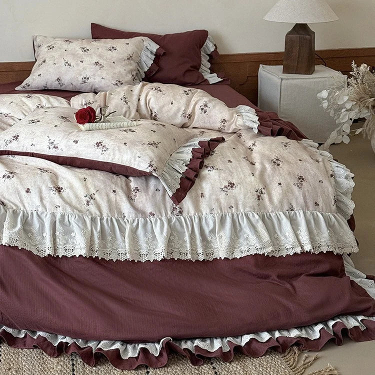 Duvet Cover Set Floral Ruffles Lace Cotton Blend