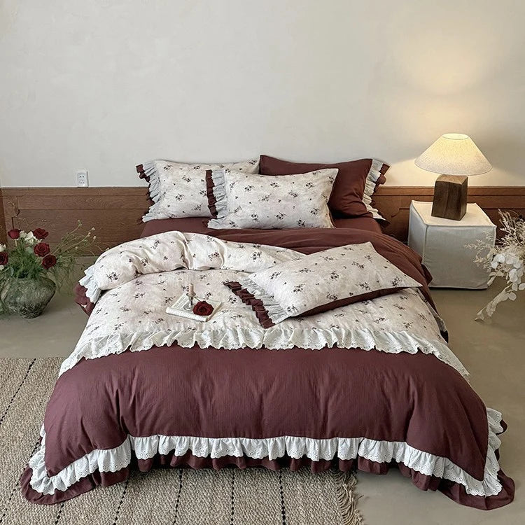 Duvet Cover Set Floral Ruffles Lace Cotton Blend